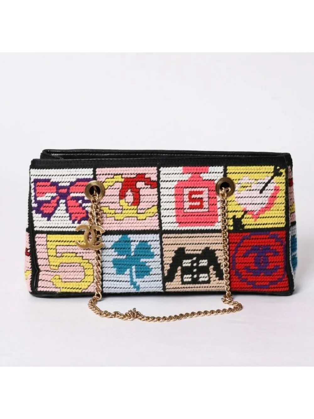 Chanel Icon Chain Bag CC Logo Wool Leather Multicolor Gold